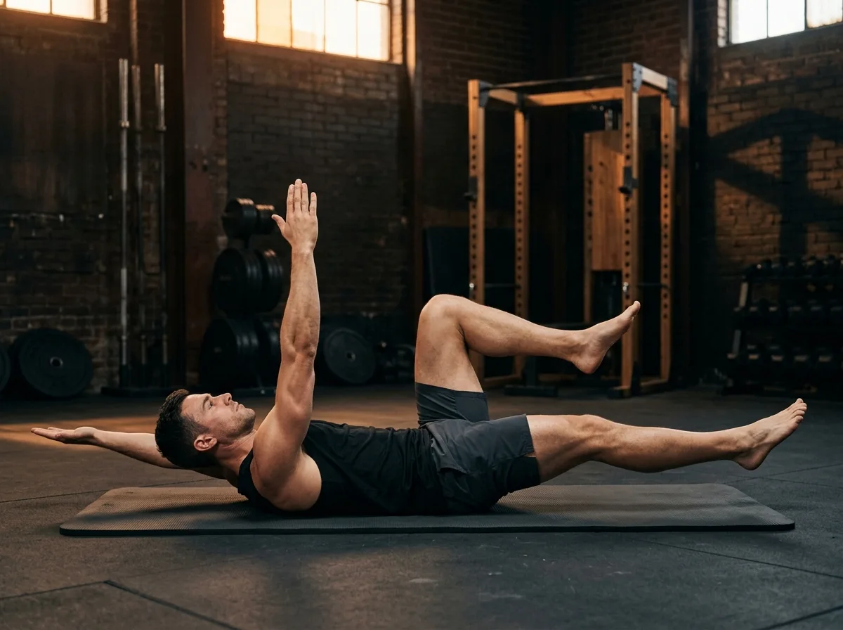 Athlete on a mat extending opposite arm and leg while the other knee stays bent.