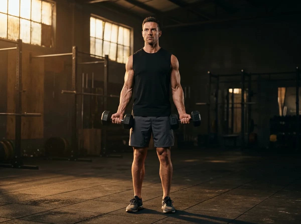 Standing athlete curling two dumbbells with elbows held beside the torso.