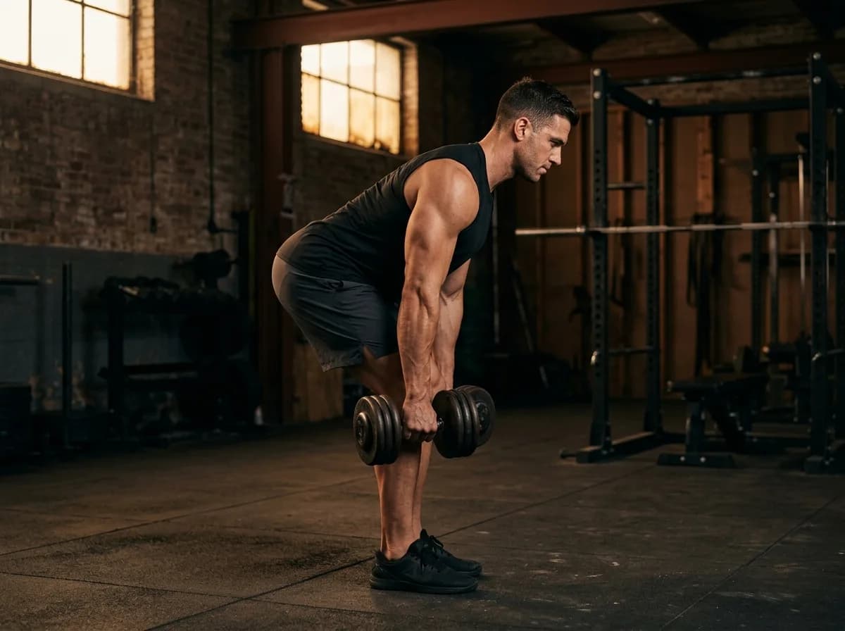 Athlete hinging at the hips with dumbbells held close to the shins.