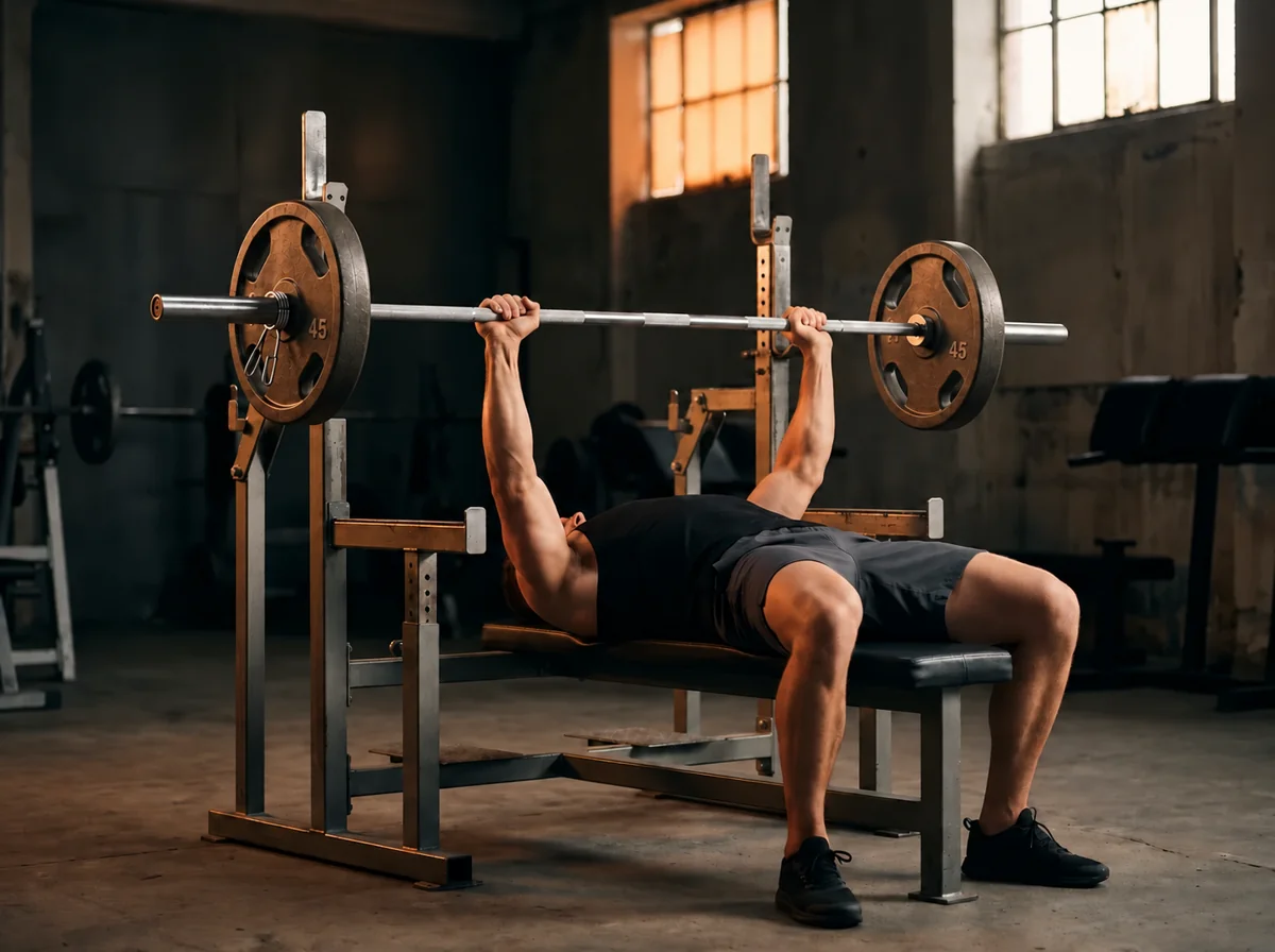 Athlete bench pressing a barbell with two 45-pound plates per side inside a rack.