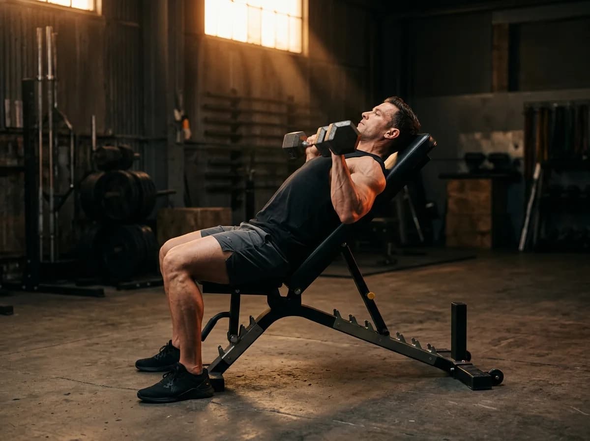 Athlete lowering two dumbbells on an incline bench, feet planted.