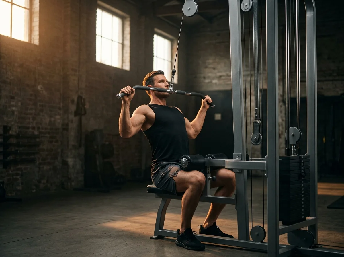 Seated athlete pulling a cable bar toward the upper chest.