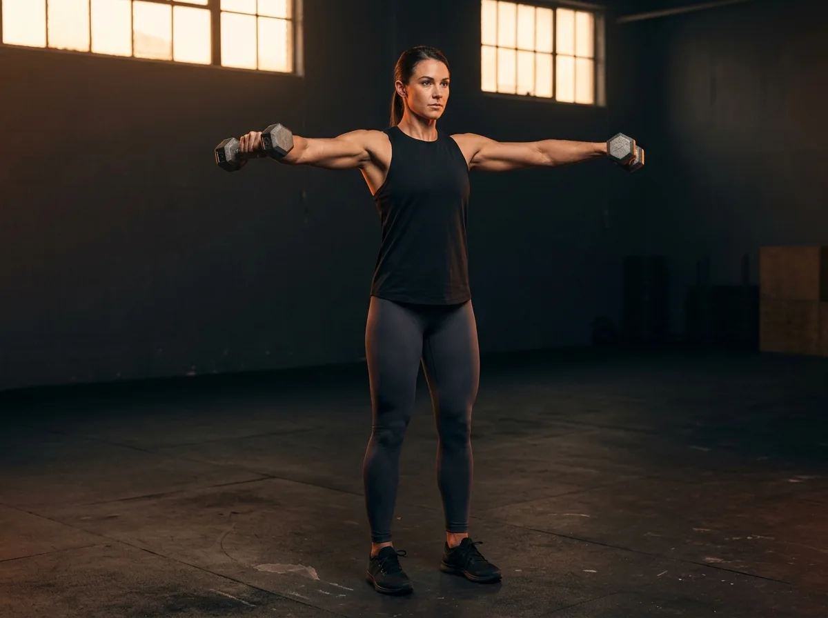 Athlete raising dumbbells out to the sides with a slight elbow bend.