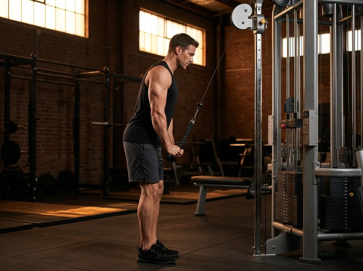 Athlete extending a cable rope downward with elbows close to the sides.