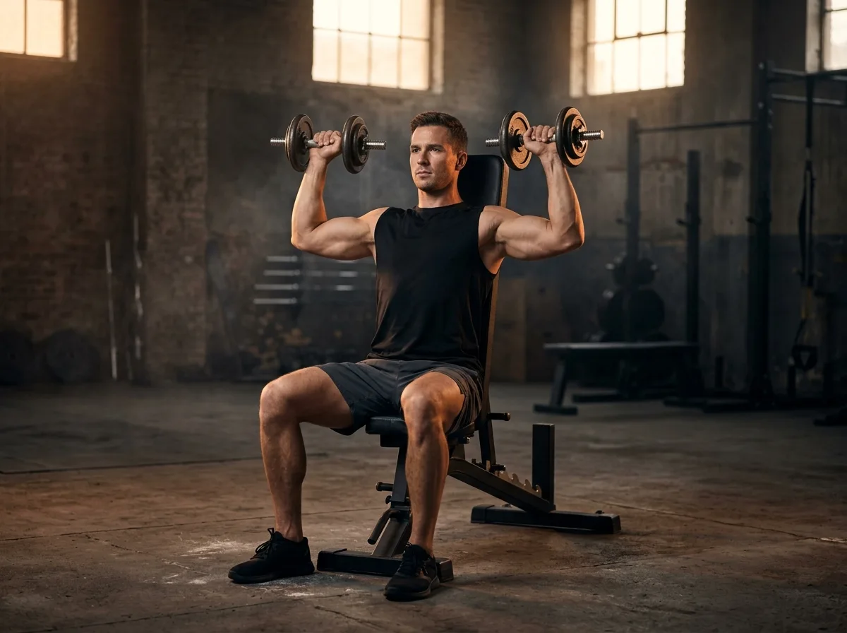 Athlete seated upright with dumbbells at shoulder height before an overhead press.