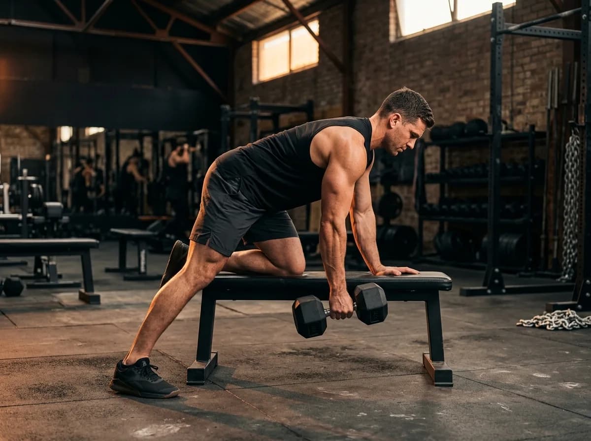 Athlete rowing one dumbbell with the opposite hand and knee supported on a bench.